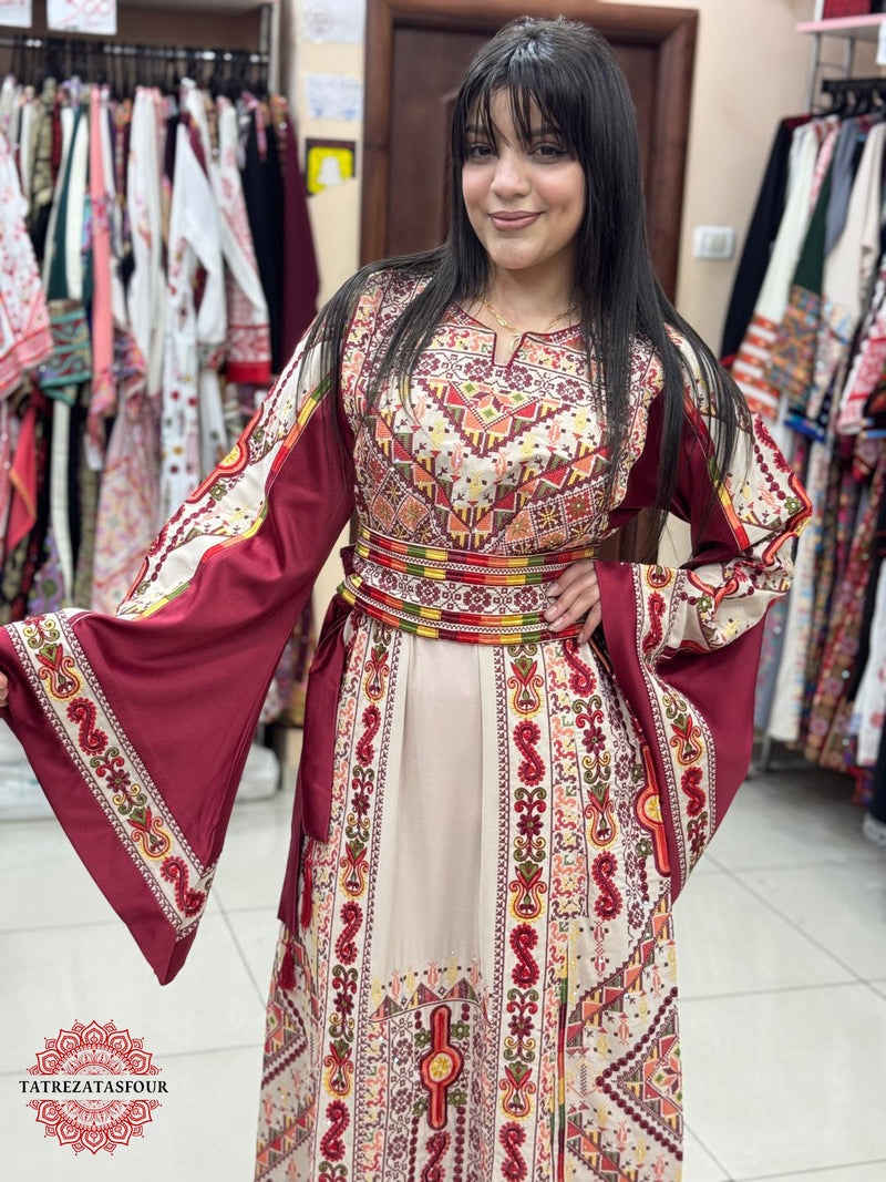 Luxurious Radan Thobe - Beige with Burgundy Touches