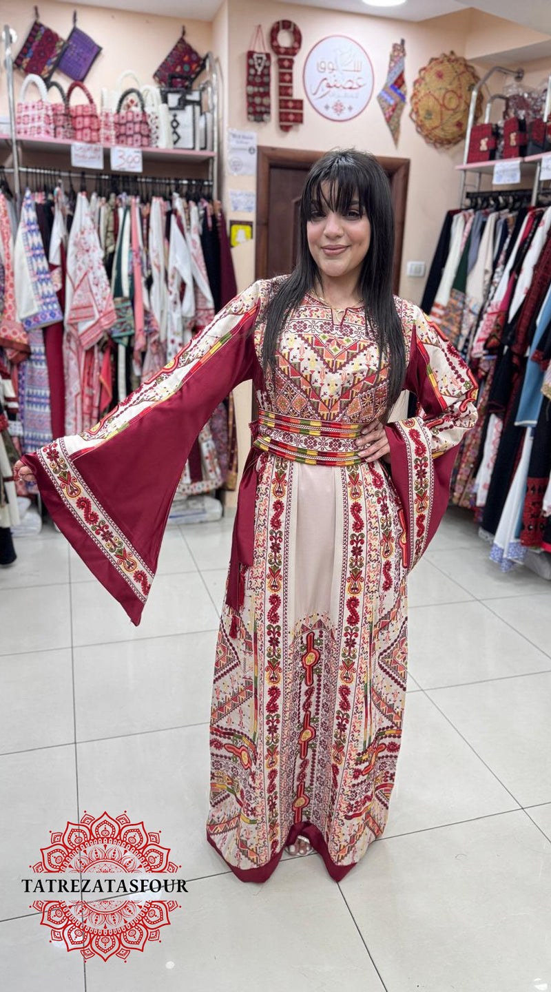 Luxurious Radan Thobe - Beige with Burgundy Touches