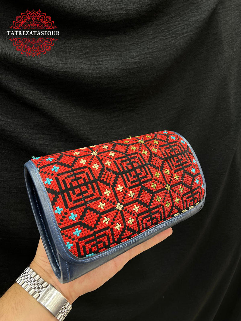 Embroidered Medium Crossbody - Navy Blue With Red Stitching