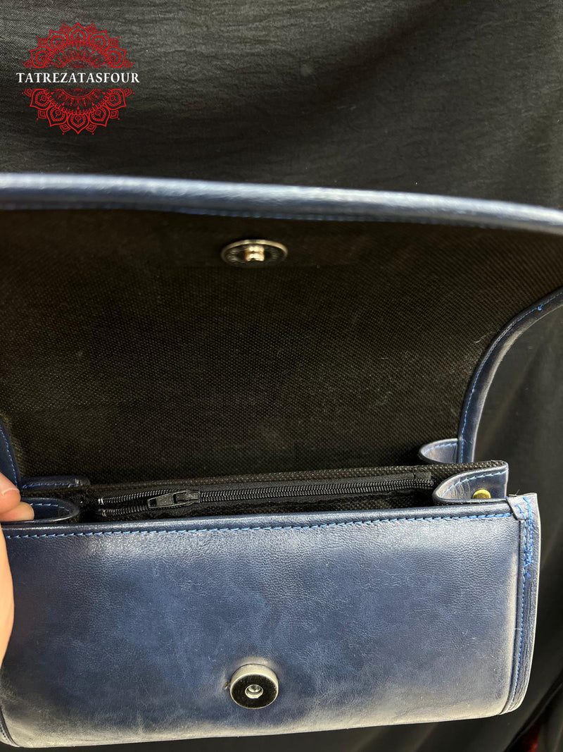 Embroidered Medium Crossbody - Navy Blue With Red Stitching