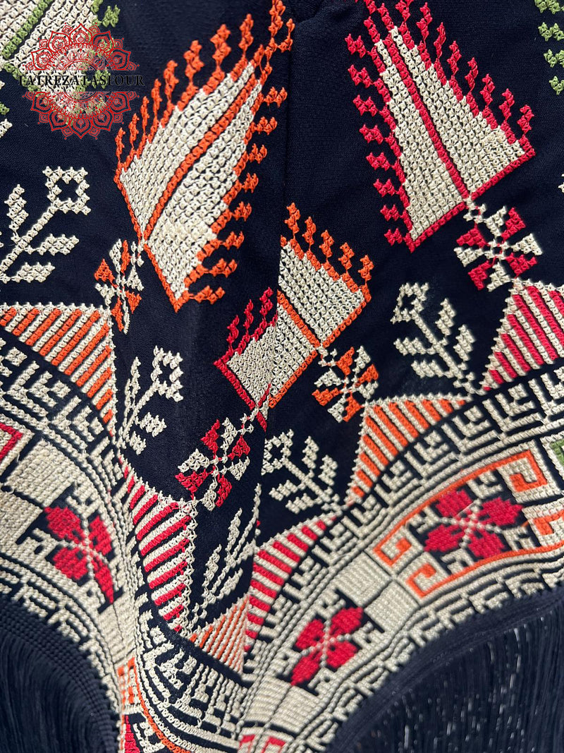 Embroidered Black Fringe Jacket with Gold Stitching