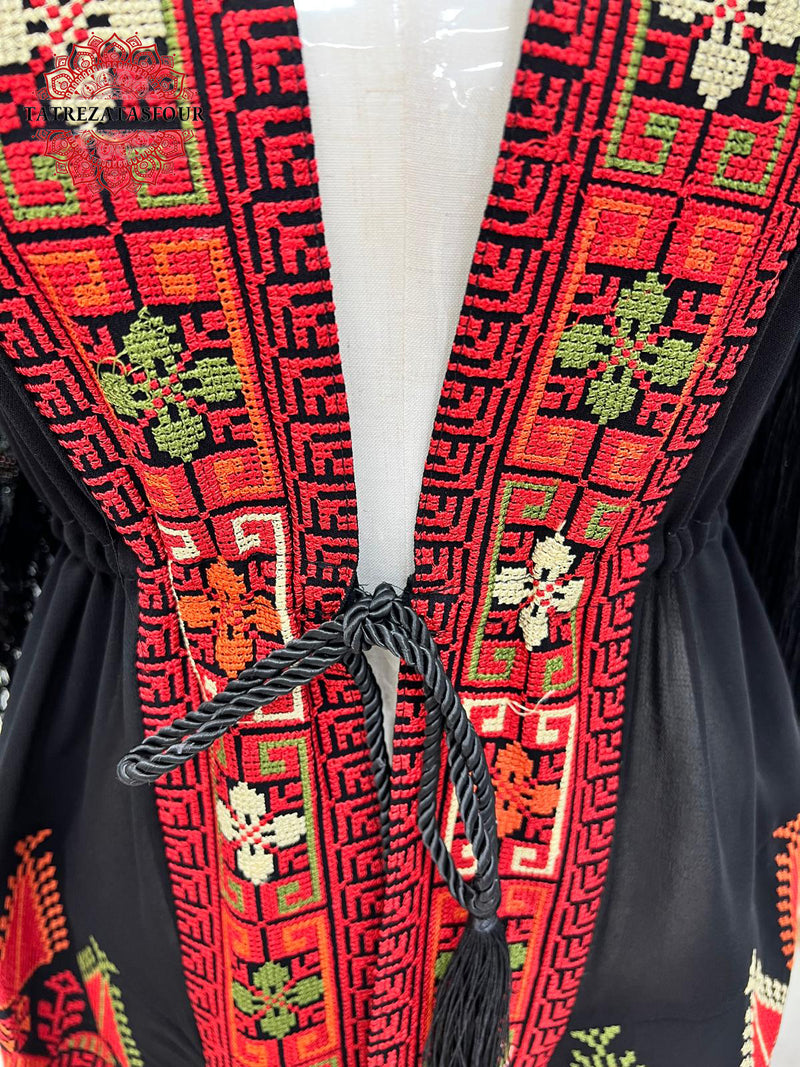 Embroidered Black Fringe Jacket With Red And Green Stitching