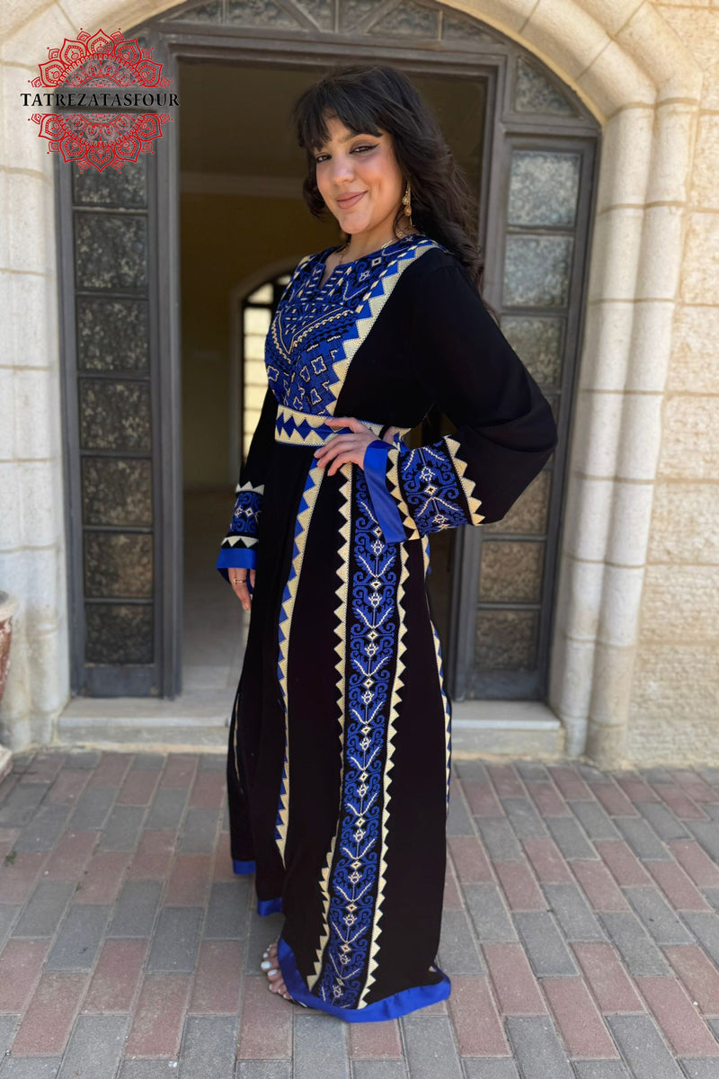Palestinian Black Thobe with Blue Embroidery
