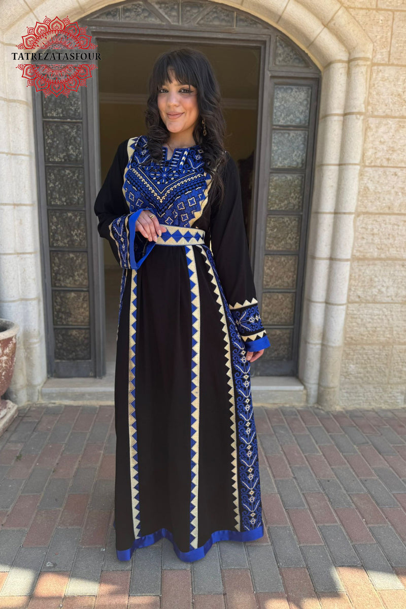 Palestinian Black Thobe with Blue Embroidery
