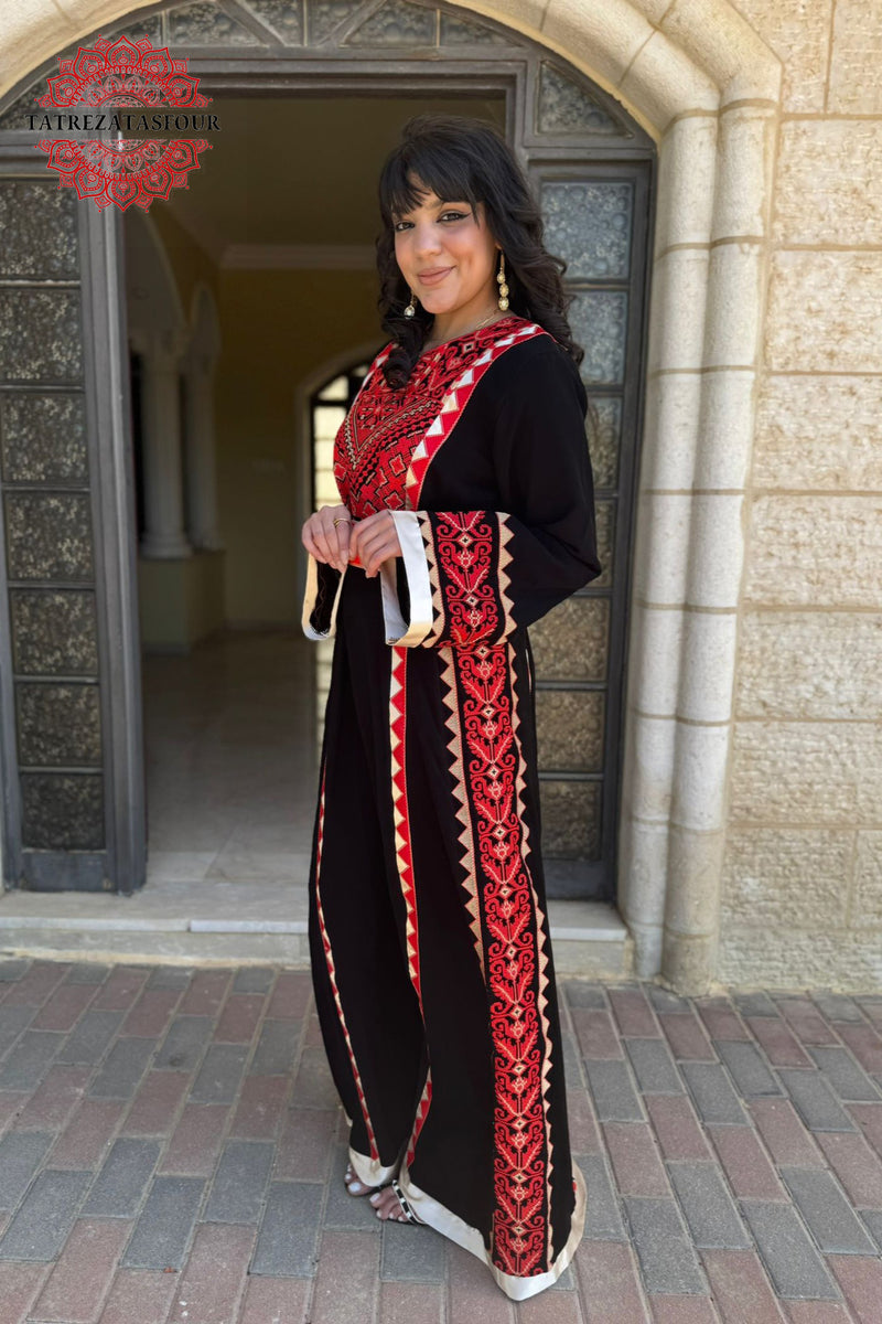 Palestinian Black Thobe with Red Embroidery