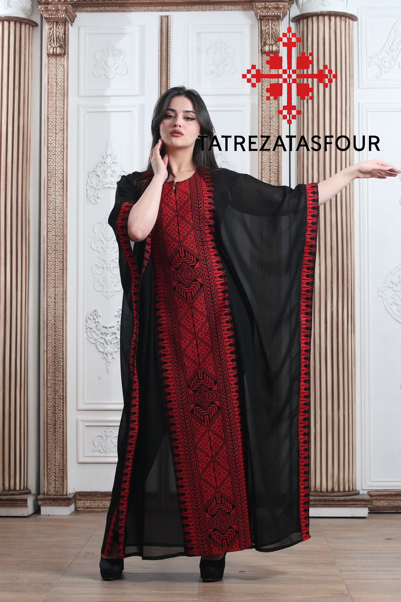 Embroidered Chiffon Abaya – Black and Red