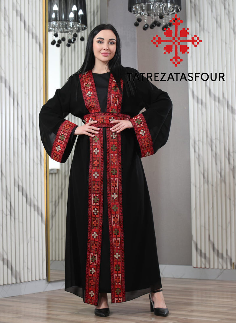 Embroidered Black Abaya with Red Stitching