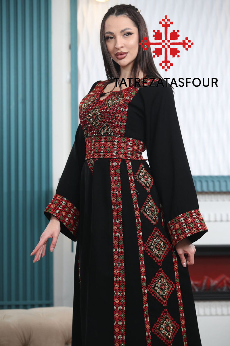 Palestinian Black Thobe with Red Embroidered Lines