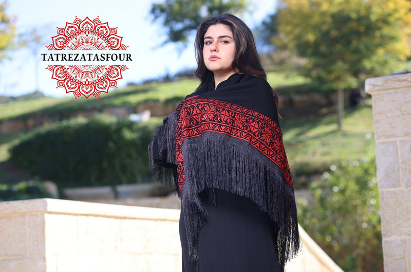 Embroidered Black Shawl with Red Stitch
