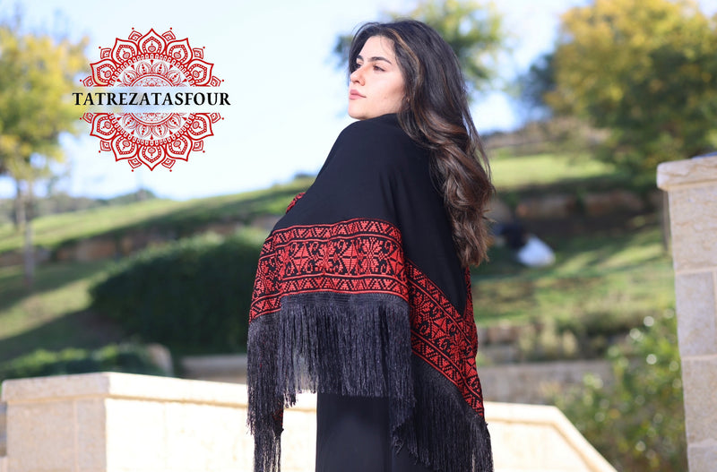 Embroidered Black Shawl with Red Stitch