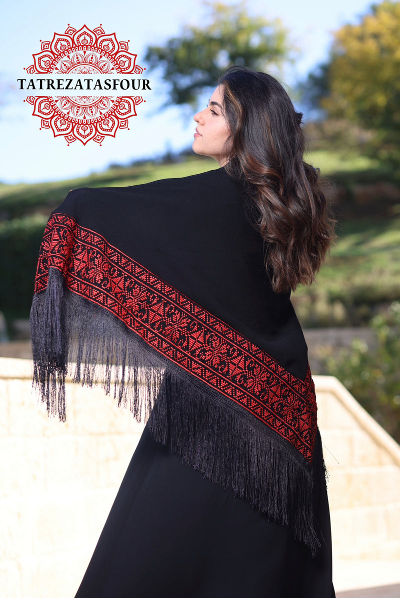 Embroidered Black Shawl with Red Stitch