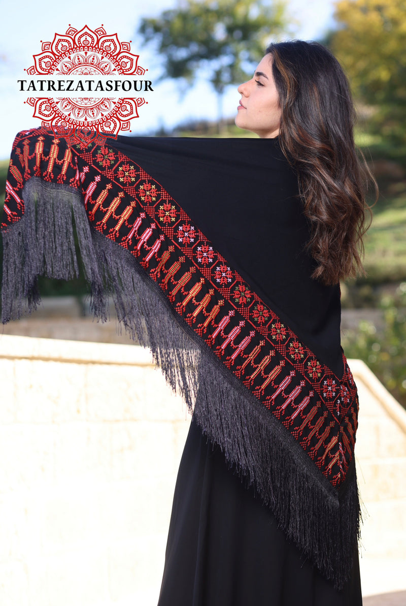 Embroidered Black Shawl with colorful Stitching